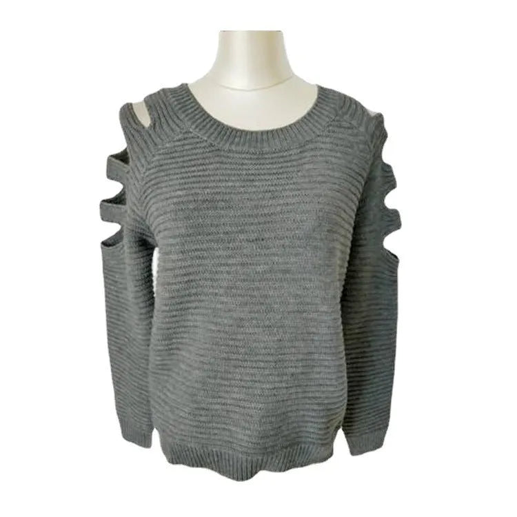 Women's grey hollow out knitted pullover top with round neck and long sleeves laid flat.