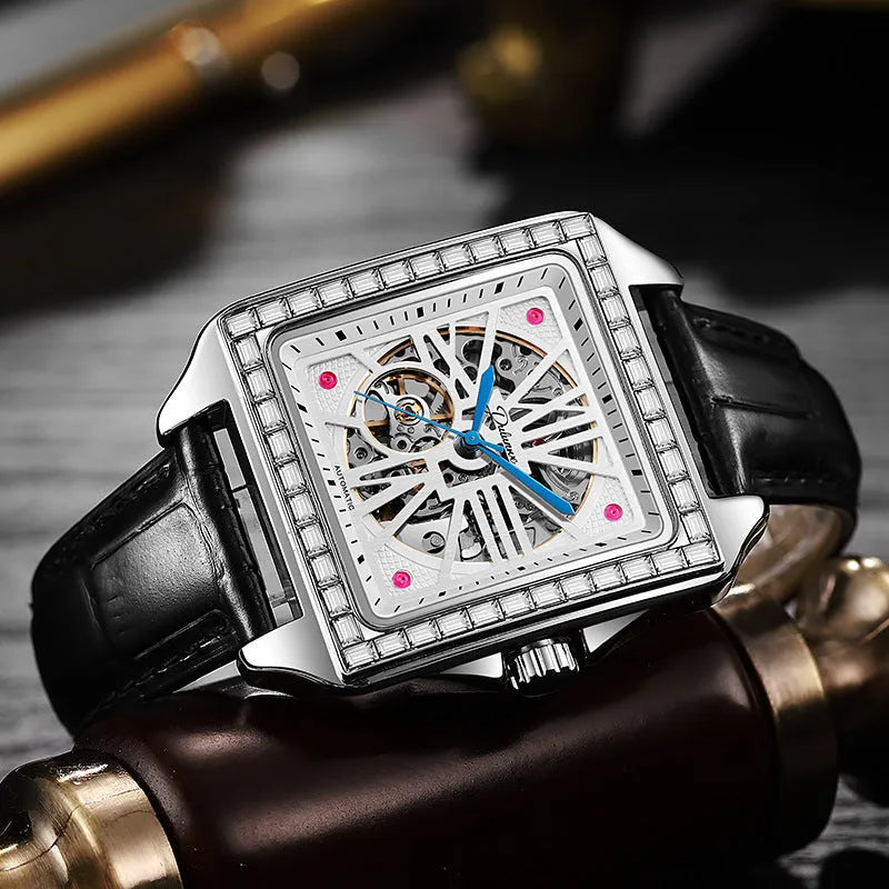 Square diamond-studded automatic men's watch with business style and stainless steel bracelet