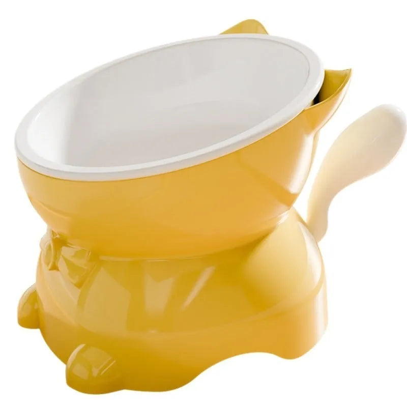 Stainless steel oblique anti-fall cat bowl shown in blue, pink, yellow, and black colour options.