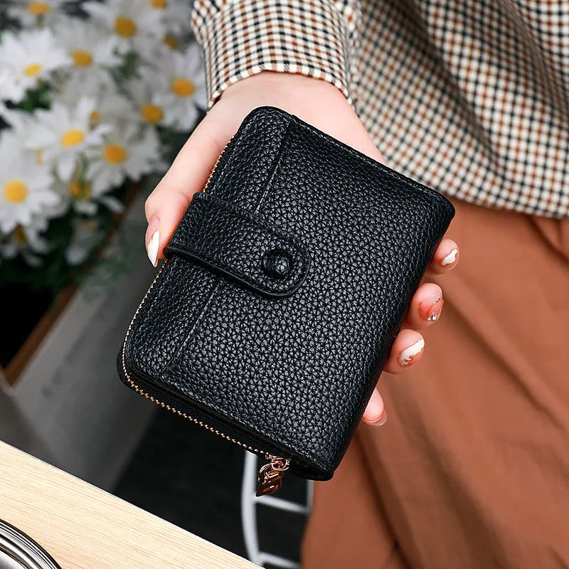 Beige women's short PU wallet with lychee pattern and visible stitching