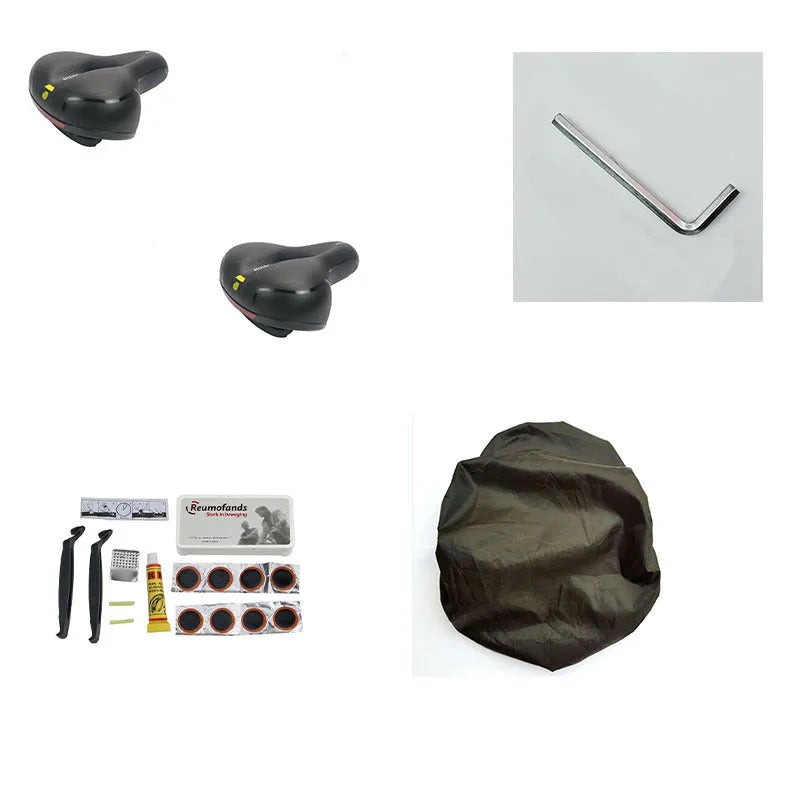 Bicycle saddle cushion with silicone padding, spring suspension, and accessories including waterproof cover and tools