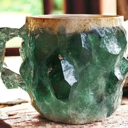 Resin mineral crystal coffee mug with handle in purple colour, showing 3D texture.