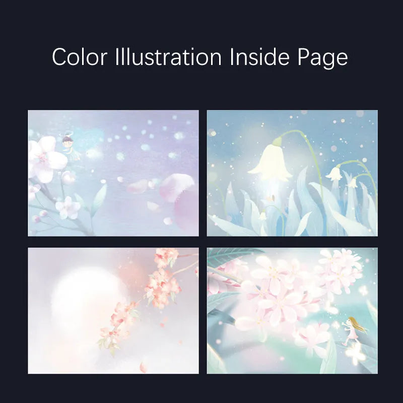 A5 notebook with luminous cover open to show colour illustrated pages, in Purple colour option.