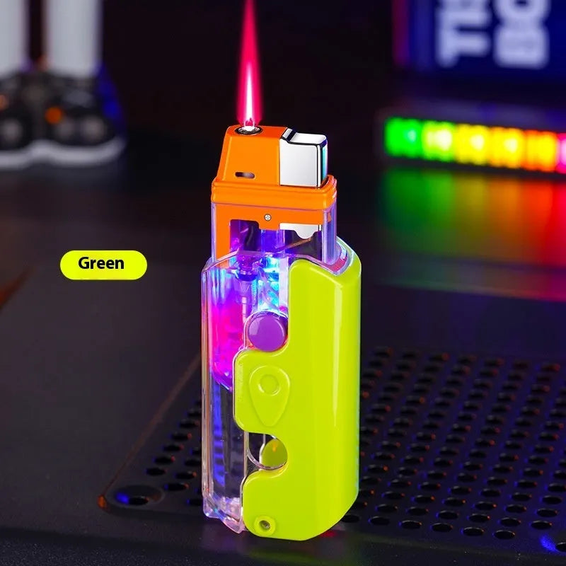 Colourful plastic novelty lighter in orange, purple, or green with a cute design.