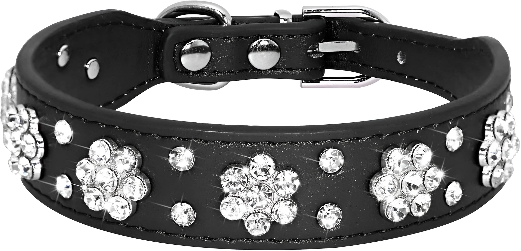 Soft black PU leather dog collar with a sparkling rhinestone flower pattern and silver metal studs, showing the adjustable eyelets and D-ring.
