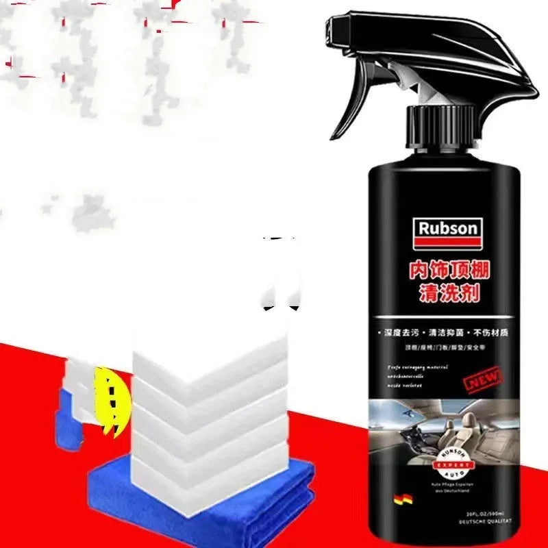 Wash-free fabric roof foam cleaner bottle with microfibre towel and sponge wipes for car interior cleaning.