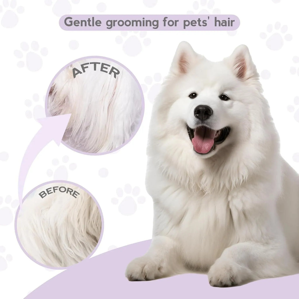 Purple pet grooming comb with stainless steel teeth on white background showing long and short tooth design