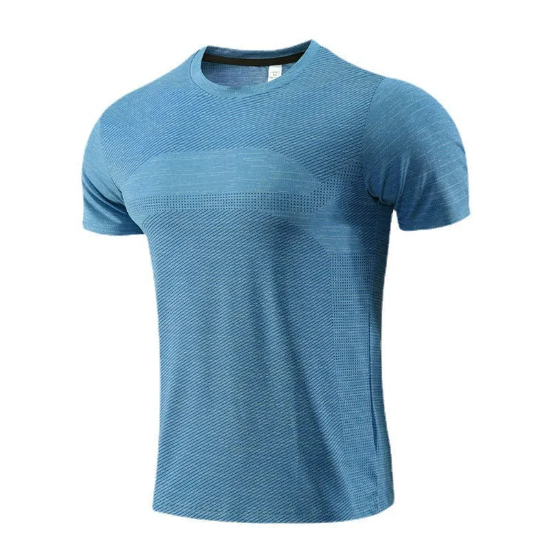 Men's short sleeve polyester sports T-shirt for running and basketball in various colours.