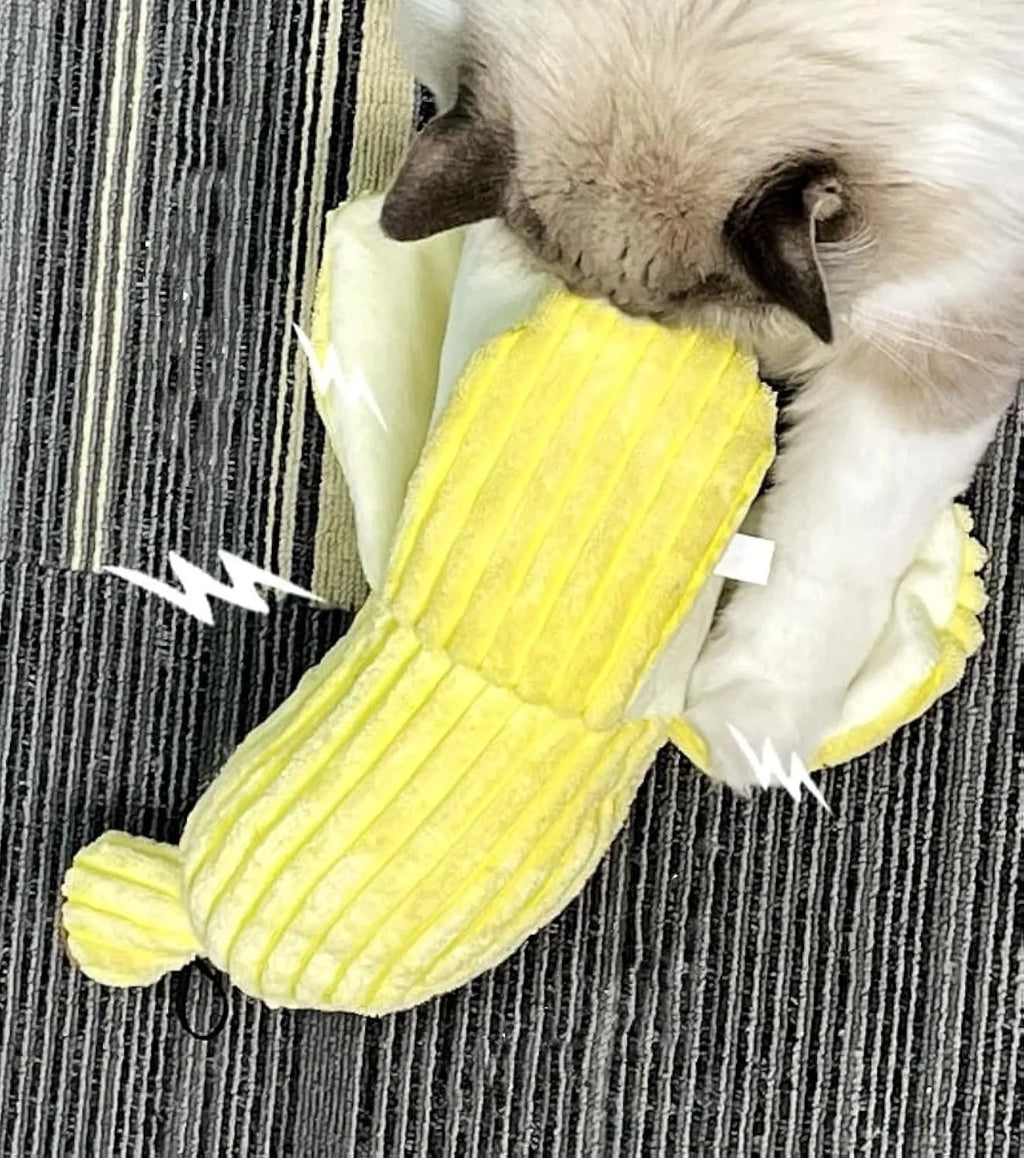 Yellow banana-shaped plush cat toy with crinkle paper and velvet texture strip