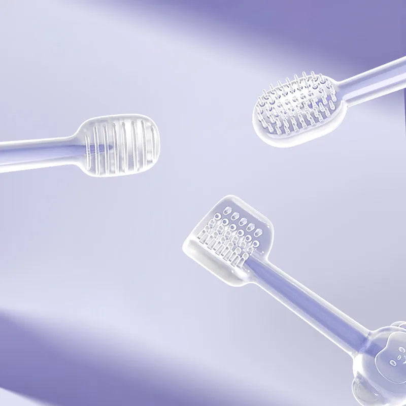 Purple silicone toothbrush for cleaning dog and cat teeth.