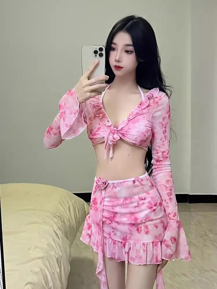 Women's floral cherry blossom pink swimsuit bikini with polyester fabric