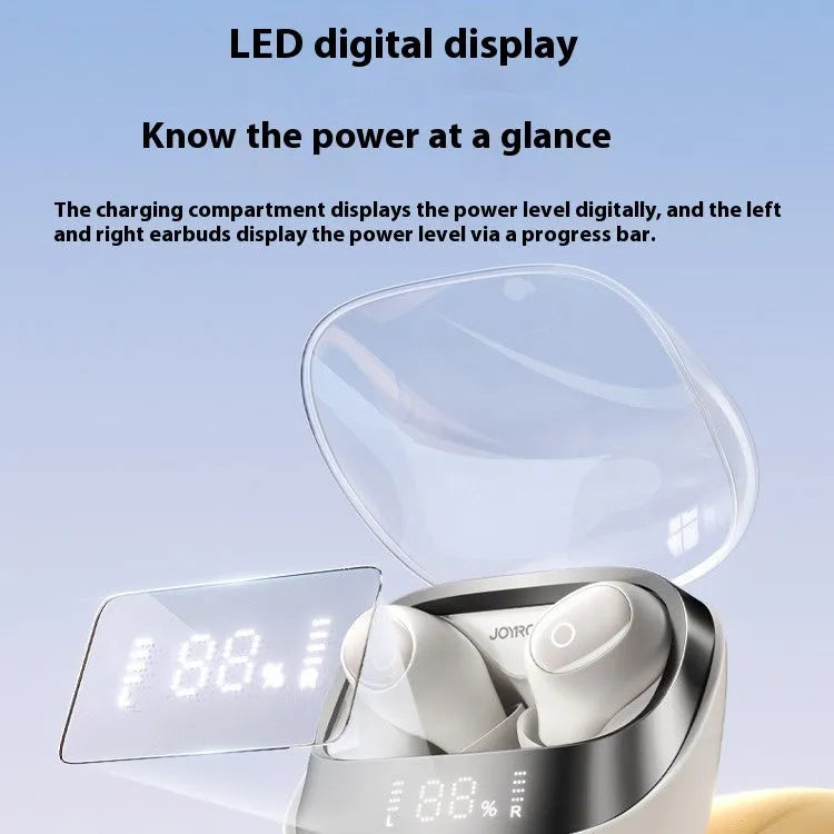 Dawn white wireless Bluetooth in-ear headphones with a compact charging case on a neutral background.