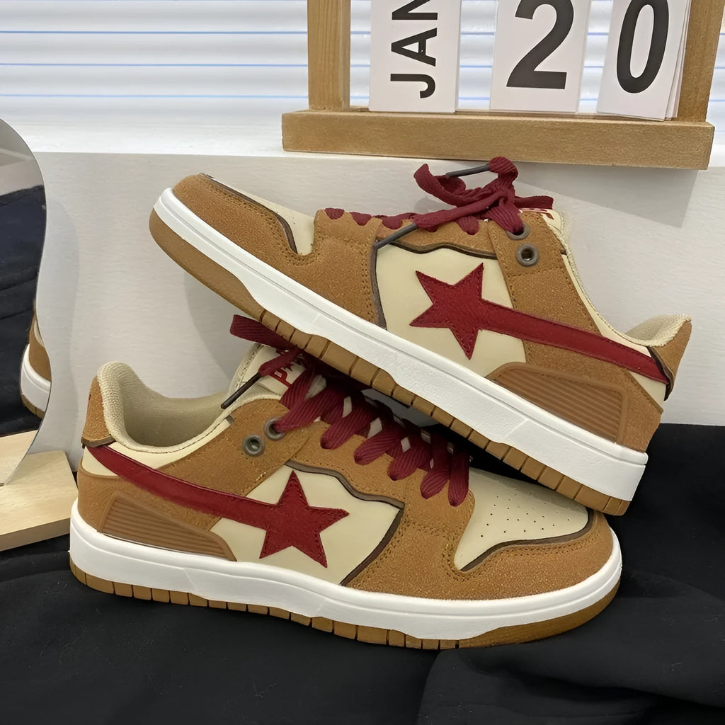 Brown women's casual sneakers with sequin accents and platform sole