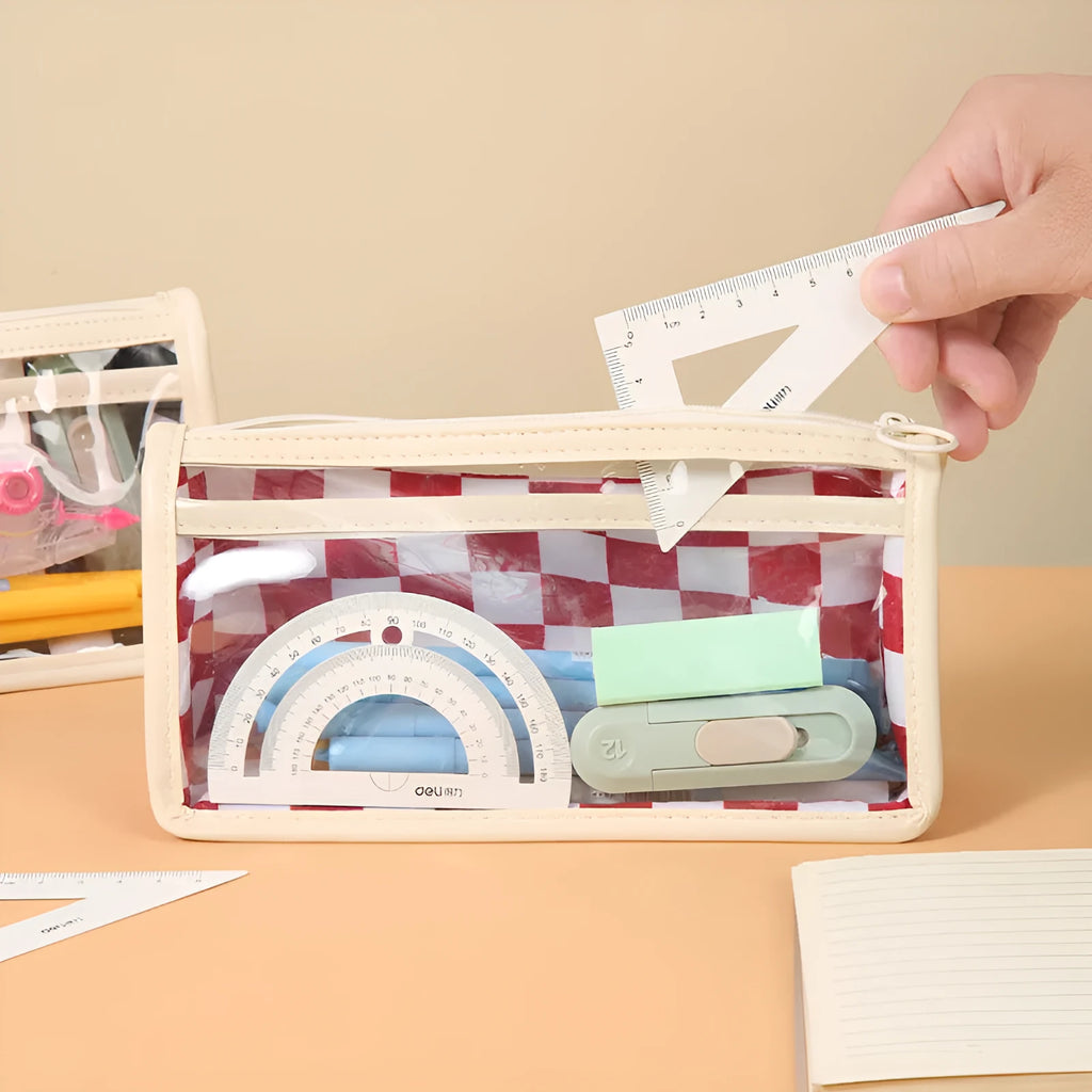 Transparent PVC pencil case with chessboard grid design showing pens inside, black and white plaid pattern