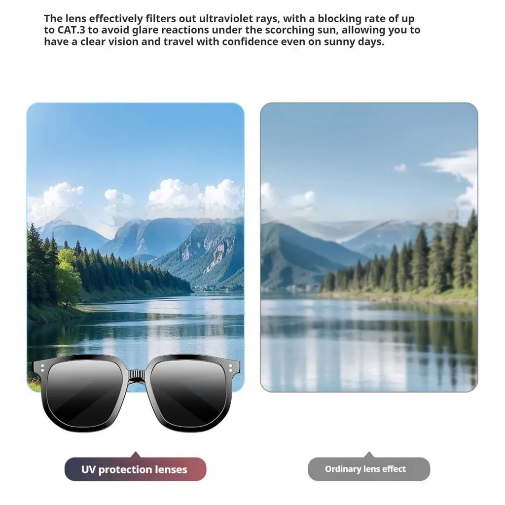 Black AI smart Bluetooth sunglasses with touch controls on the frame for audio and calls.