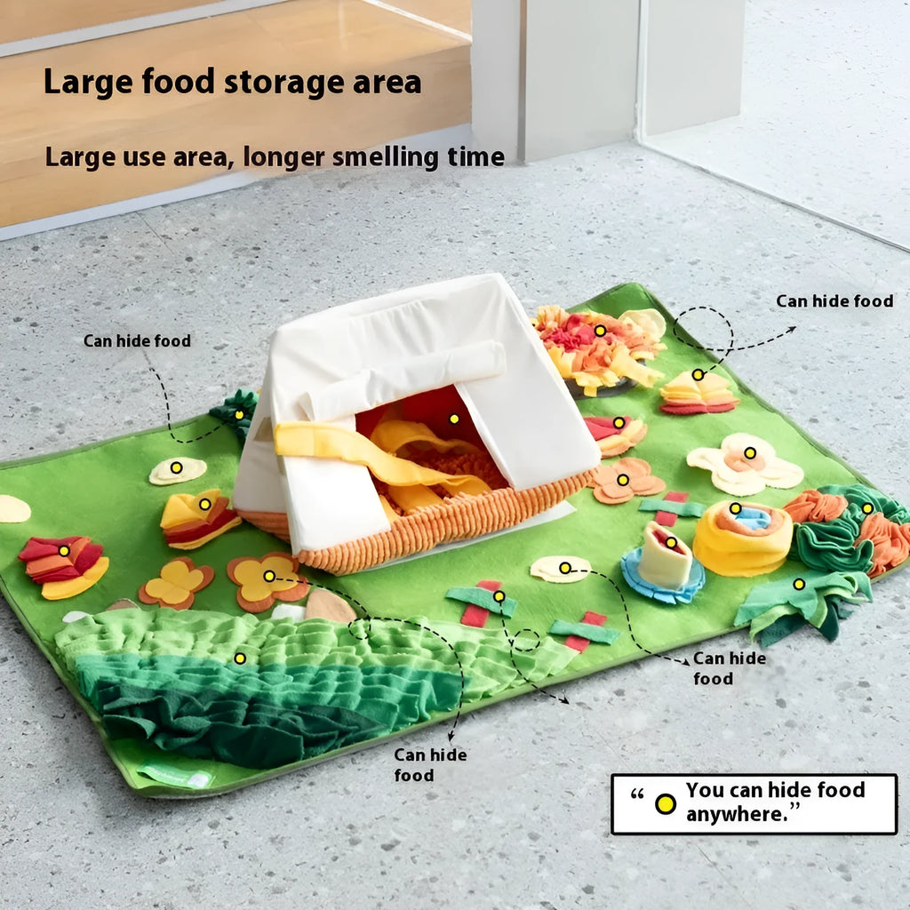 Dog sniffing mat with printed Garden Camping theme pattern, a plastic fabric puzzle toy for hiding treats.