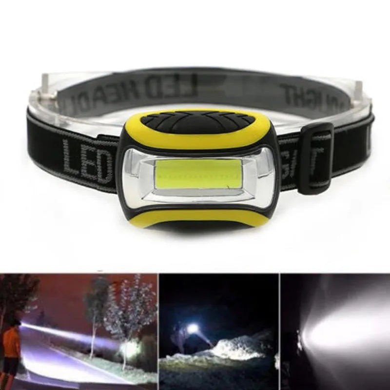 Yellow plastic three-speed COB LED headlamp for outdoor night riding and work light.
