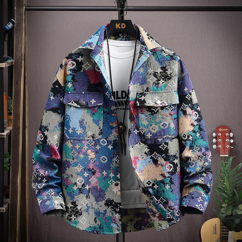 Casual lapel shirt coat in a colour-coded option like blue or black, showing long sleeves and straight hem.