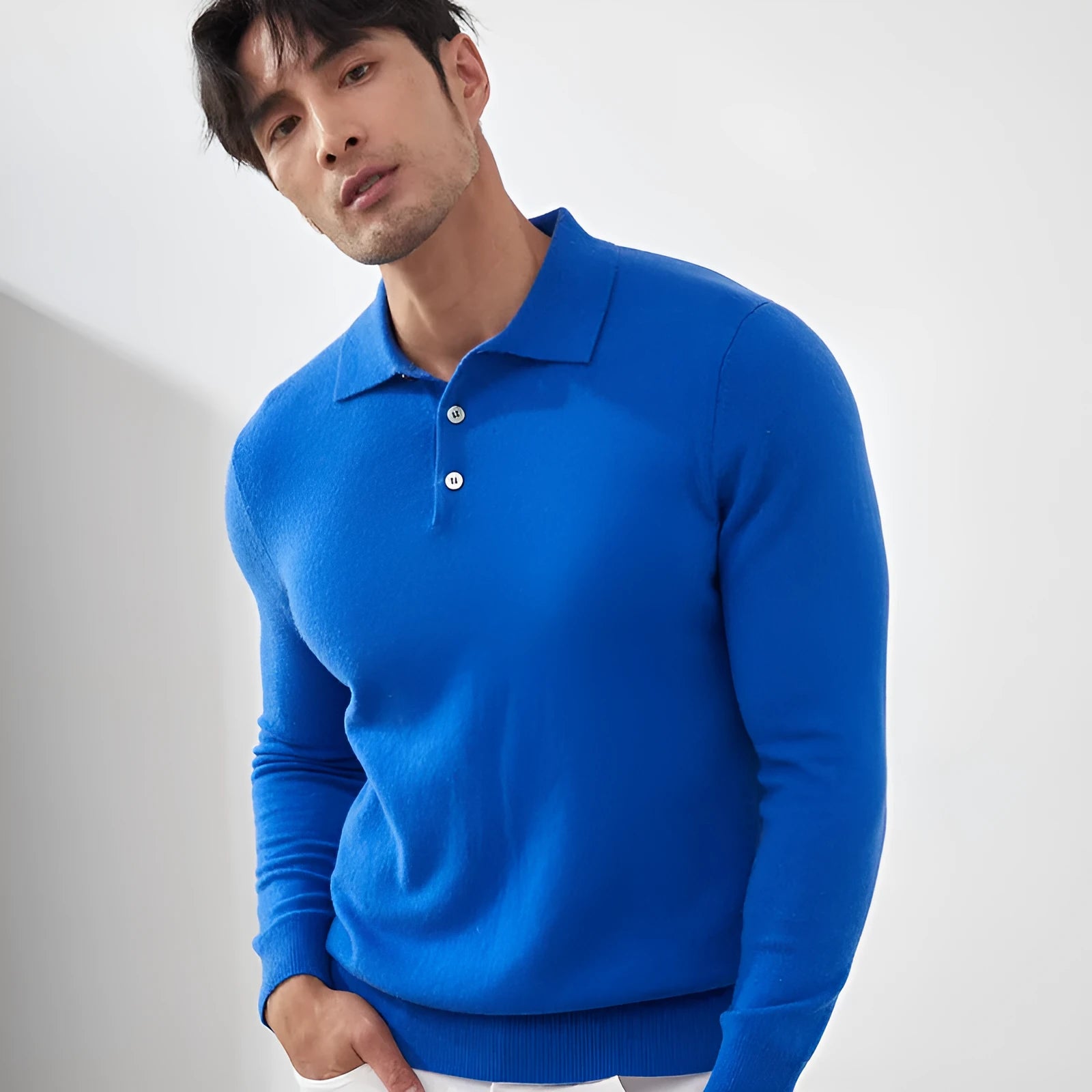 Men's cashmere polo collar pullover sweater in loose fit available in four colours