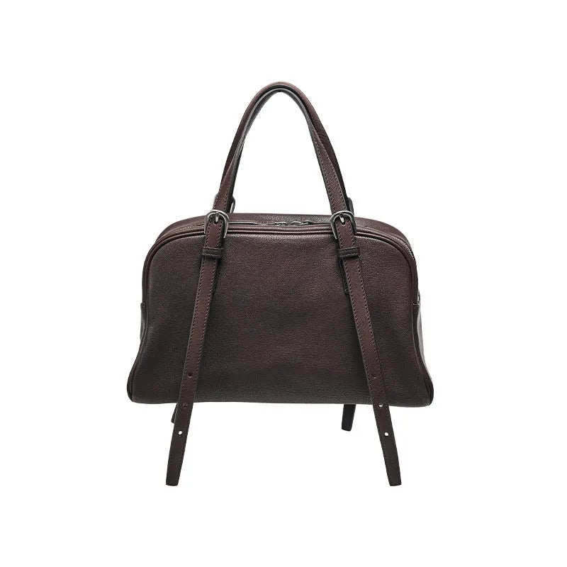 Women's retro style genuine leather shoulder bag with double straps in horizontal square shape