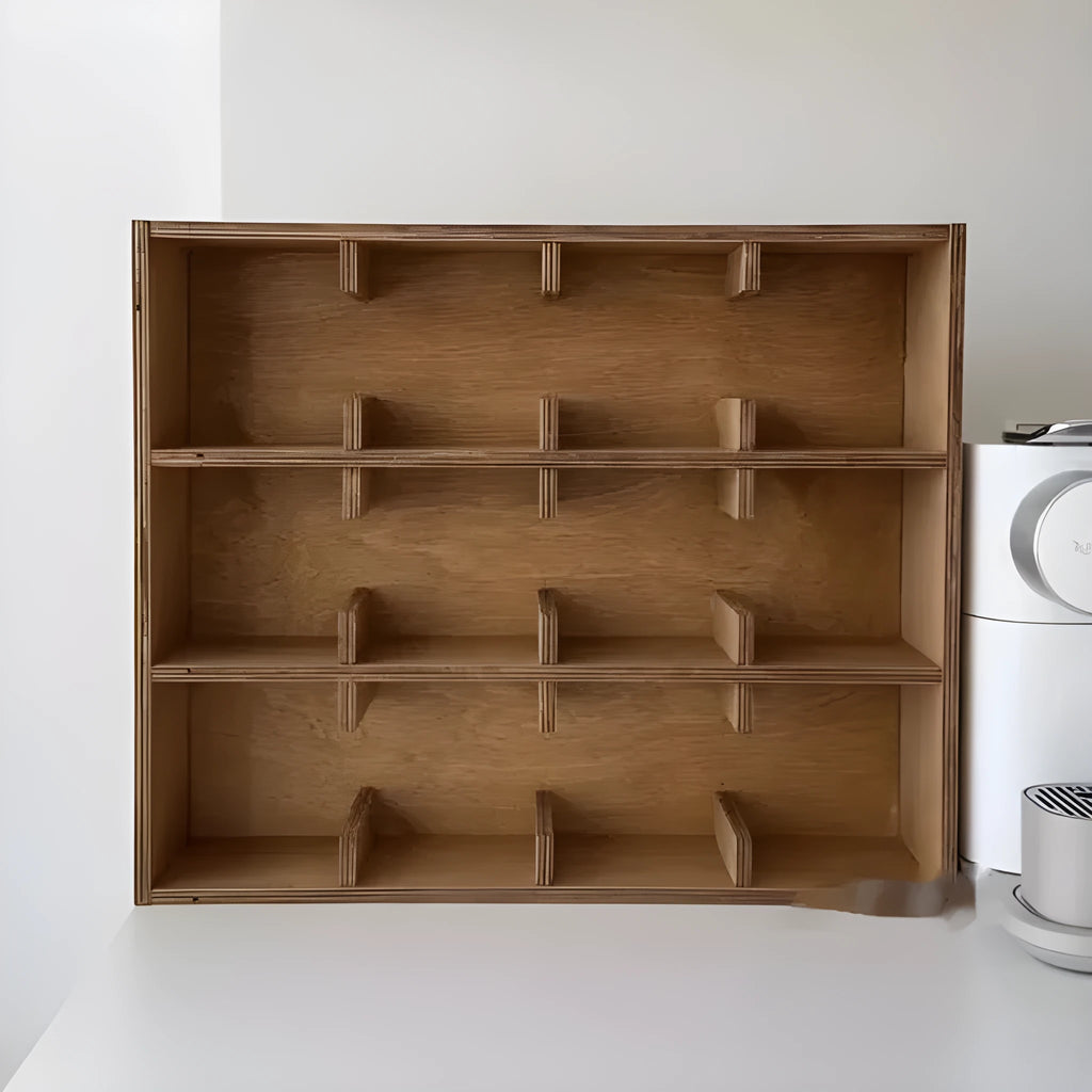 Square birch wood cup storage rack with multiple grid compartments for mug and glass organisation