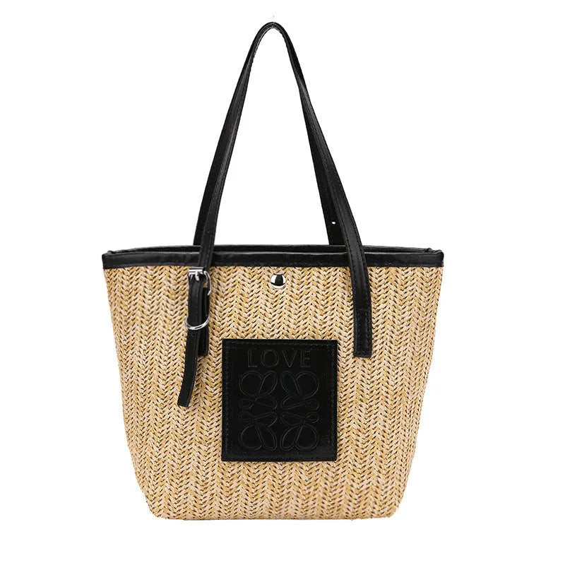 Straw woven women's shoulder bag in European retro style with three-dimensional pocket