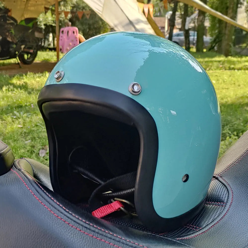 Retro style half motorcycle helmet in glass fibre construction for electric bike commuting