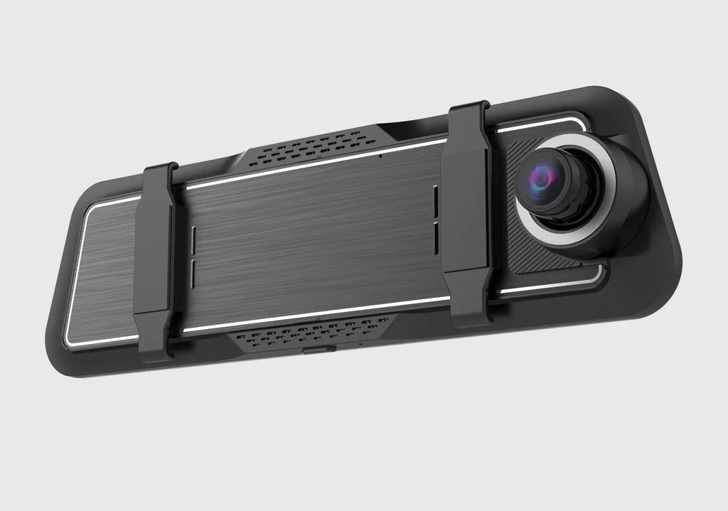 A black dual-lens dashboard camera with a large touchscreen display mounted on a car windshield.