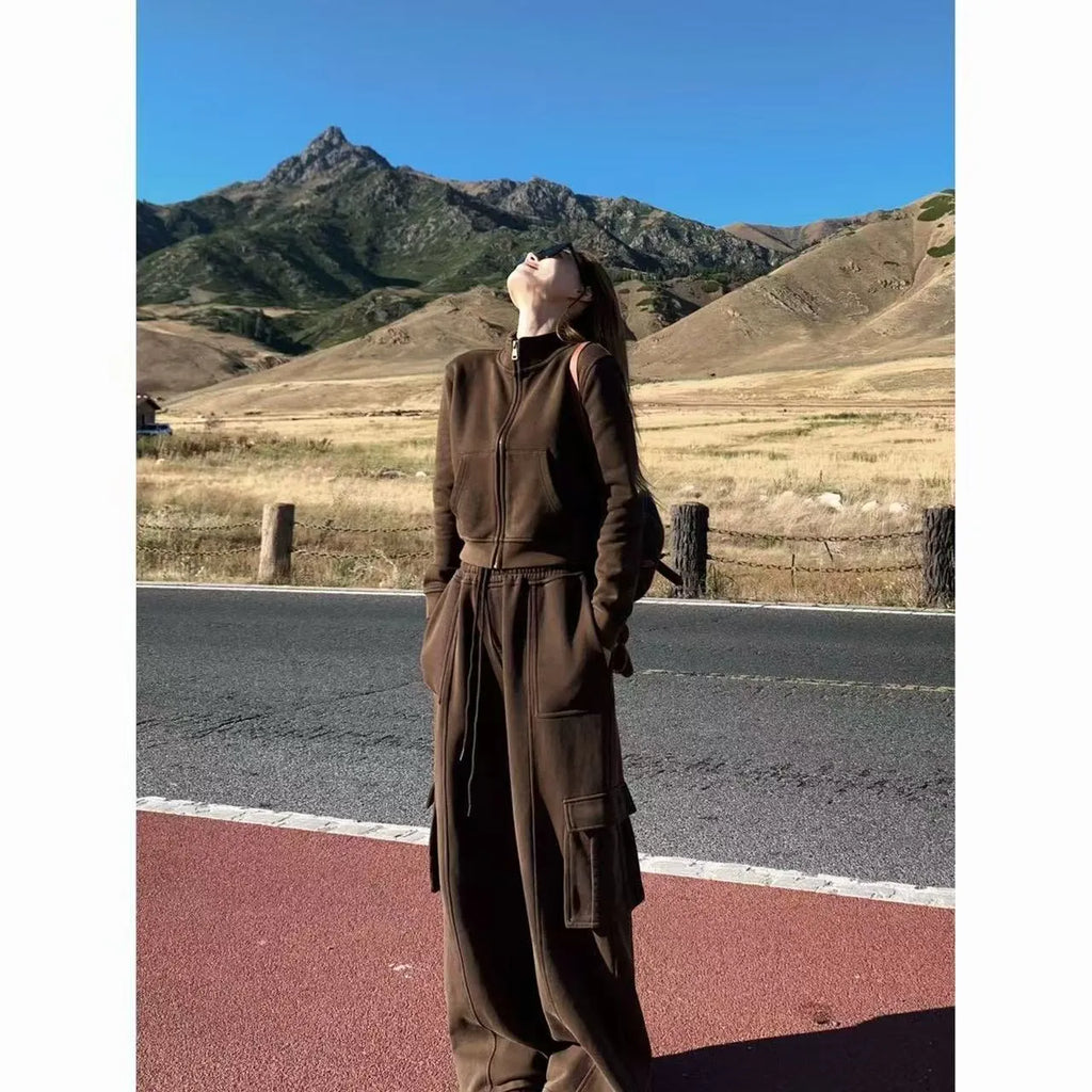 Women's two piece tracksuit set in dark gray or brown, polyester top and trousers with splicing detail