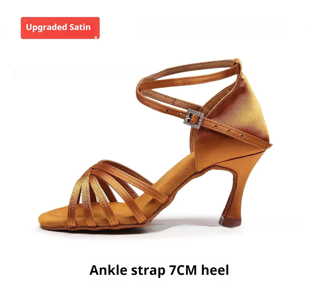 Women's Latin dance shoes with real silk satin upper, leather sole, and 5.5cm or 7.5cm heel