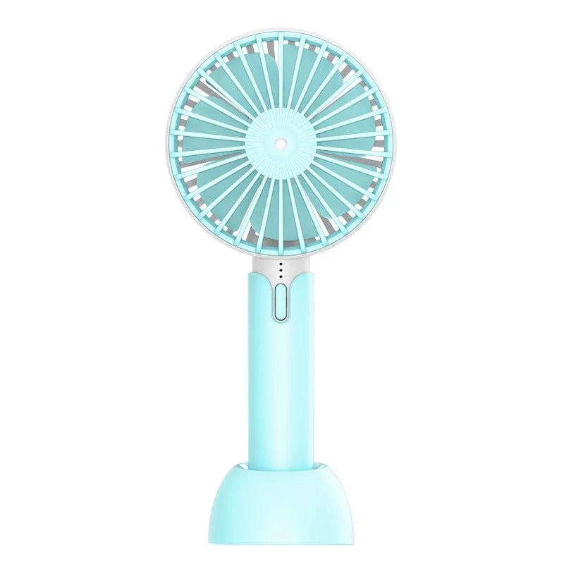 Blue handheld mini electric fan with USB cable, three speed buttons, and shaking head function