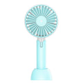 Blue handheld mini electric fan with USB cable, three speed buttons, and shaking head function