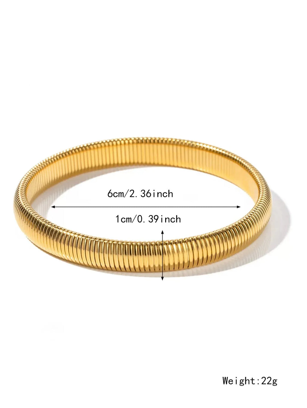Women's gold titanium steel bracelet with exaggerated vertical stripe ring pattern and elastic band.