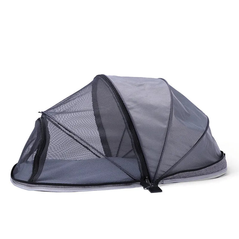 Folding cat tent with half mesh windows in collapsed and assembled positions