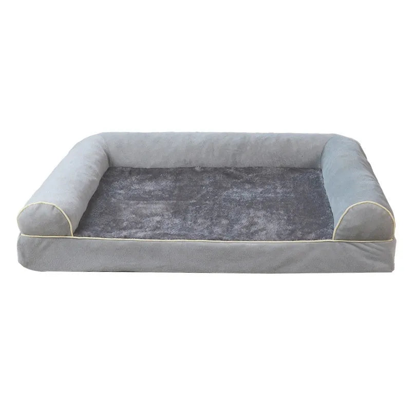 Square cloth pet bed for dogs in dark gray, available in sizes S to 2XL with breathable fabric.