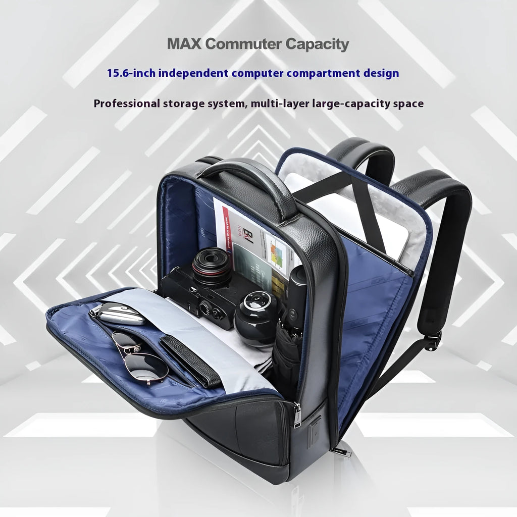 Black genuine leather commuter backpack with USB interface and curved shoulder straps