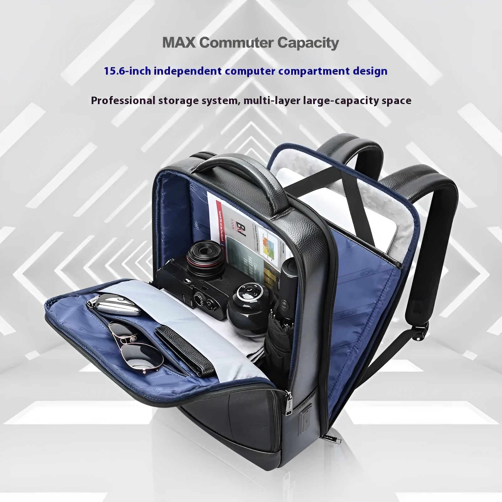 Black genuine leather commuter backpack with USB interface and curved shoulder straps
