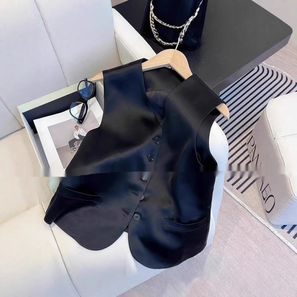 Black satin ladies sleeveless vest with loose fit and splicing details