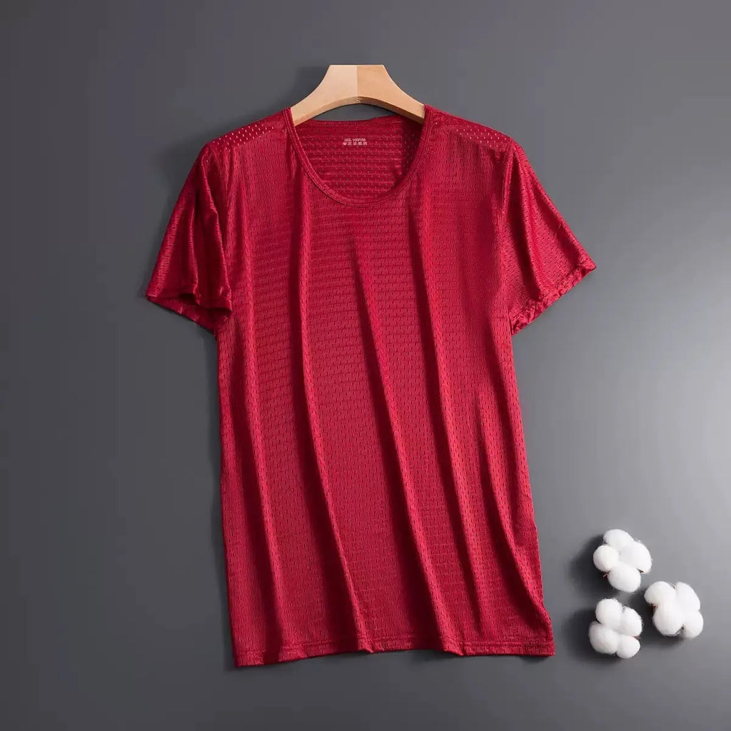 Ice silk men's short sleeve crew neck t-shirt in thin mesh polyester fabric