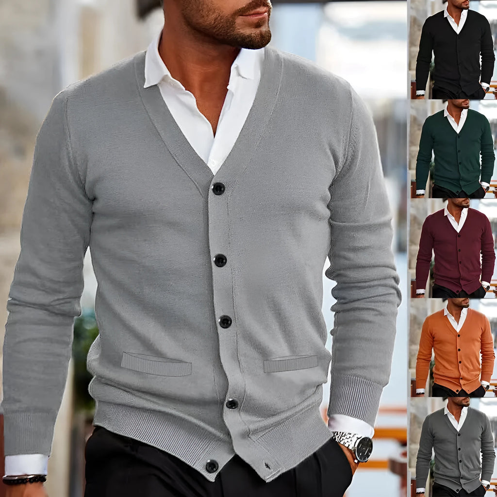 Men's slim fit acrylic cardigan sweater in autumn colours on hanger
