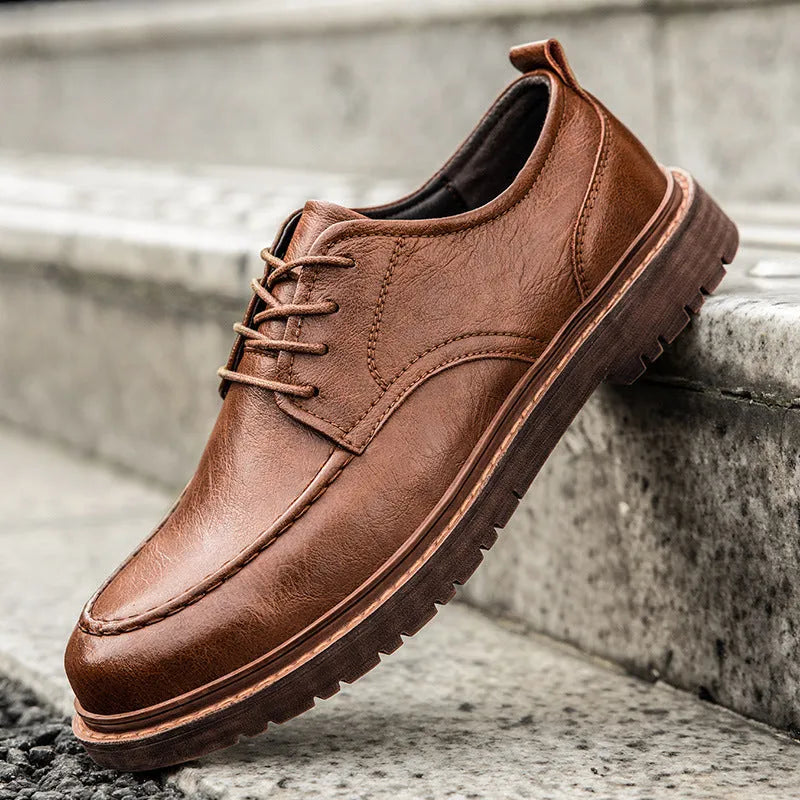 Casual leather shoes with round toe, rubber sole, and two-layer cowhide upper in black or brown colour options