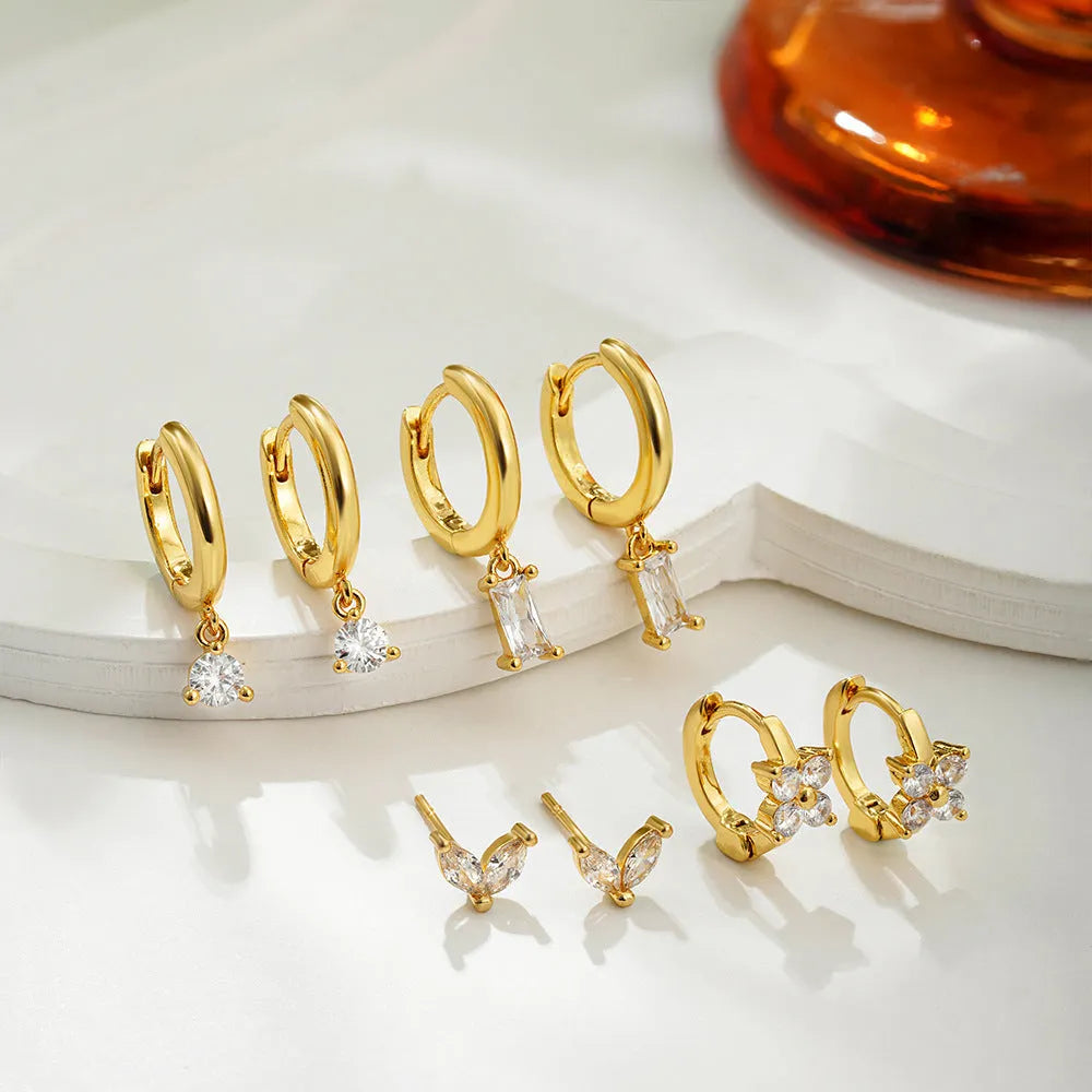 Geometric square earring set for women with zircon accents in gold or silver electroplated finish