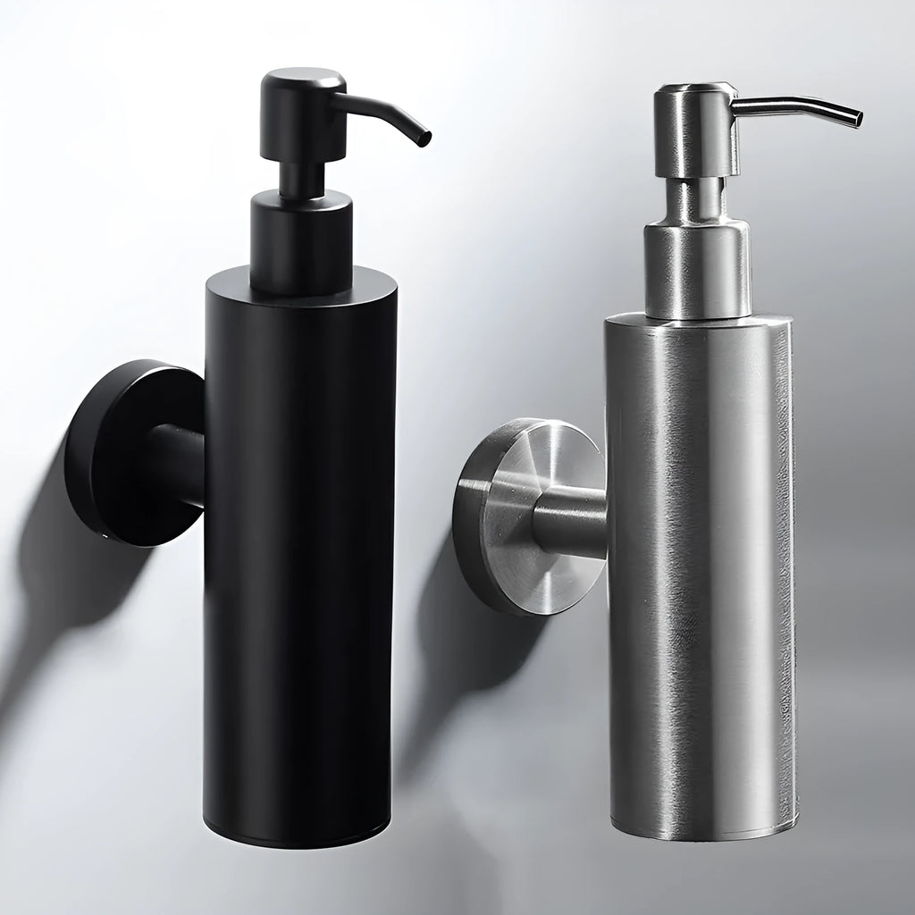 304 stainless steel wall-mounted soap dispenser measuring 50x88x205mm in brushed, mirror or black finish
