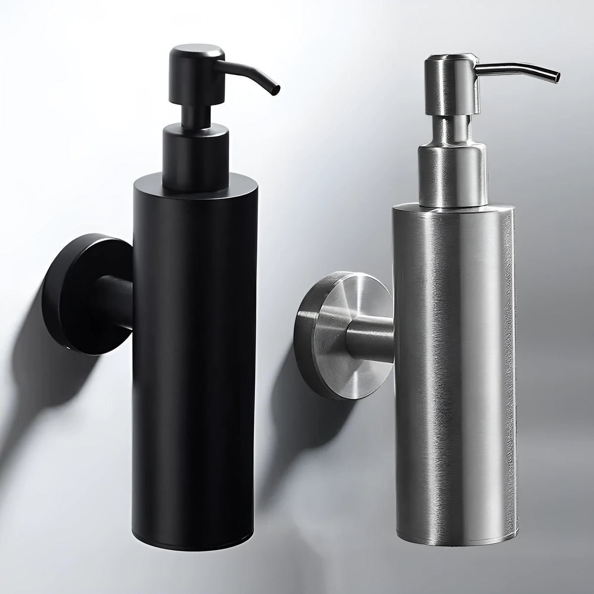 304 stainless steel wall-mounted soap dispenser measuring 50x88x205mm in brushed, mirror or black finish