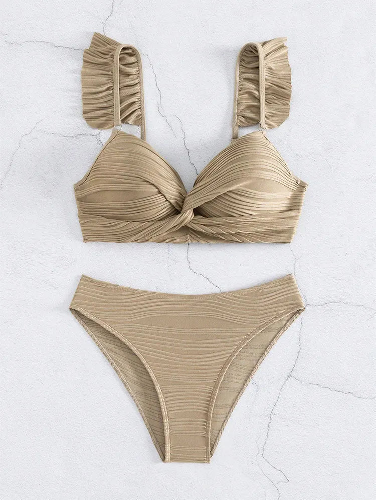 Women's solid colour bikini swimsuit set in black or khaki, made from polyester fabric.