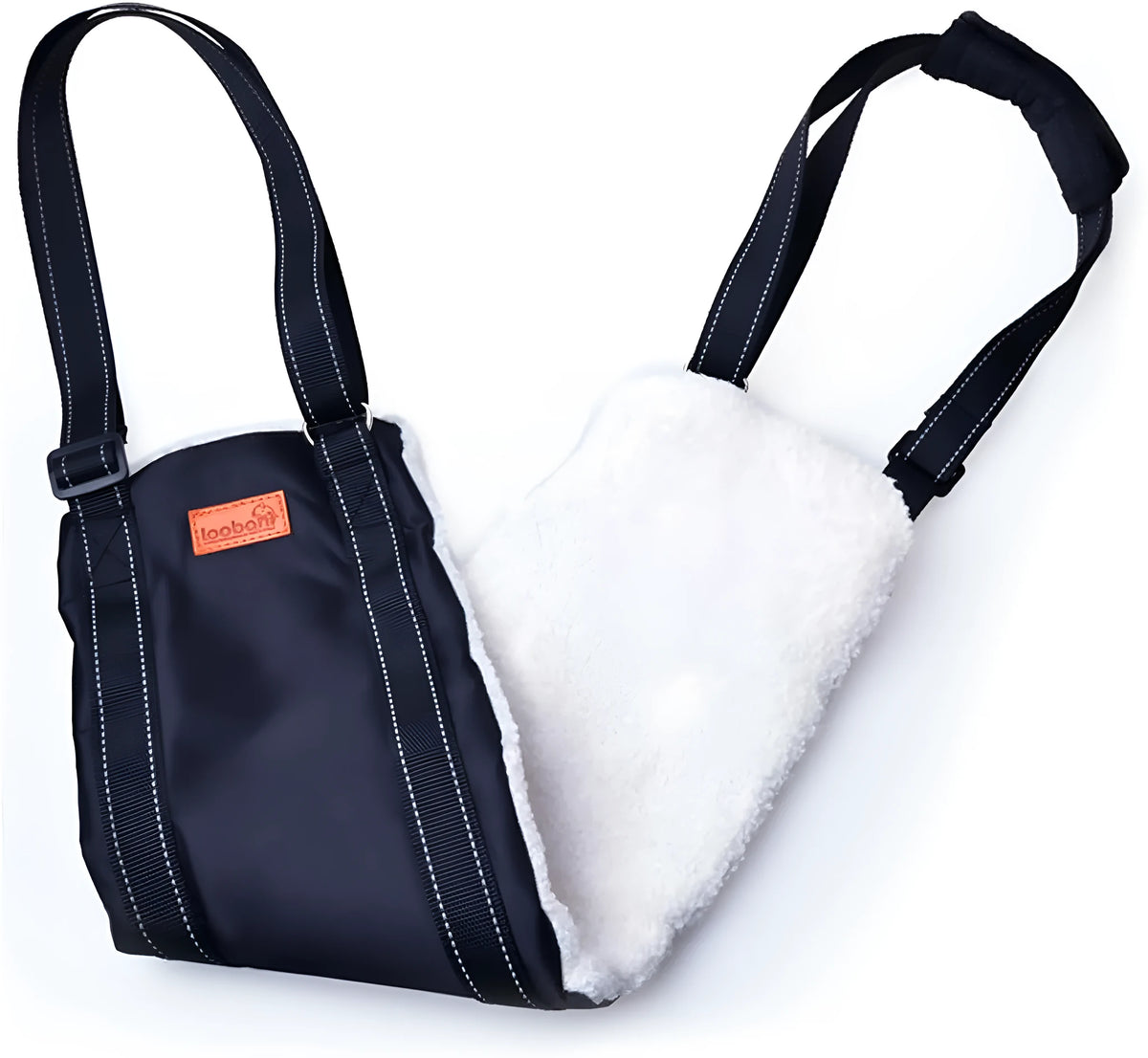 Adjustable dog mobility sling under a dog's hindquarters with reflective nylon straps and a padded liner.