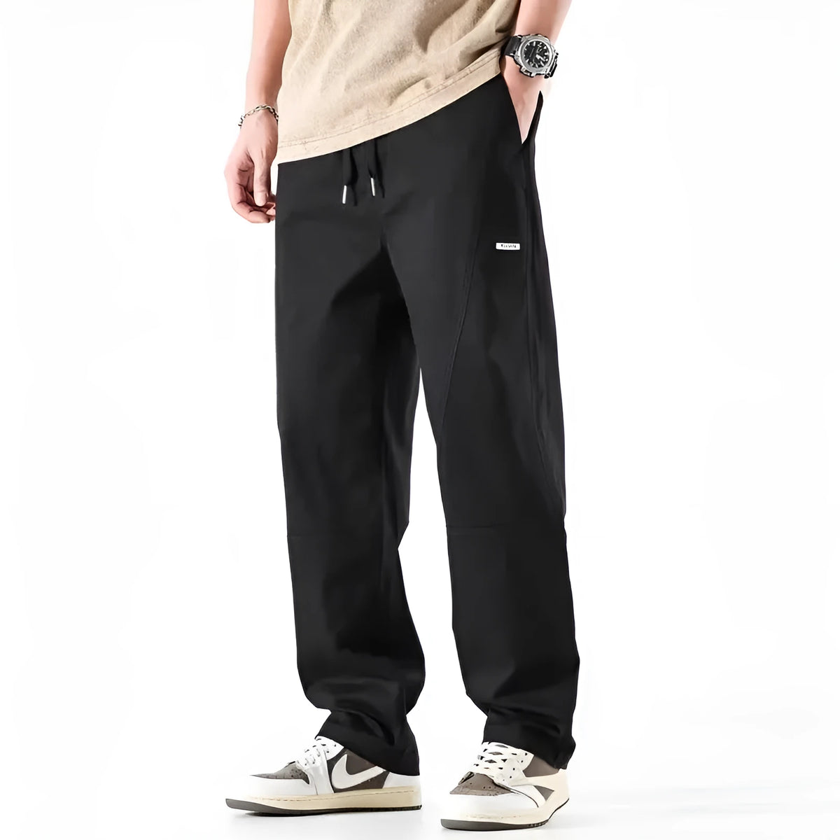 Women's milky white antibacterial cotton wide-leg casual trousers on a hanger.