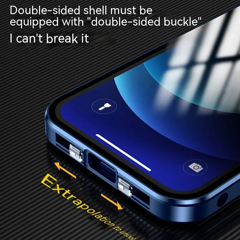 Double-sided buckle glass privacy phone case for iPhone in black, blue, gold, green, or silver