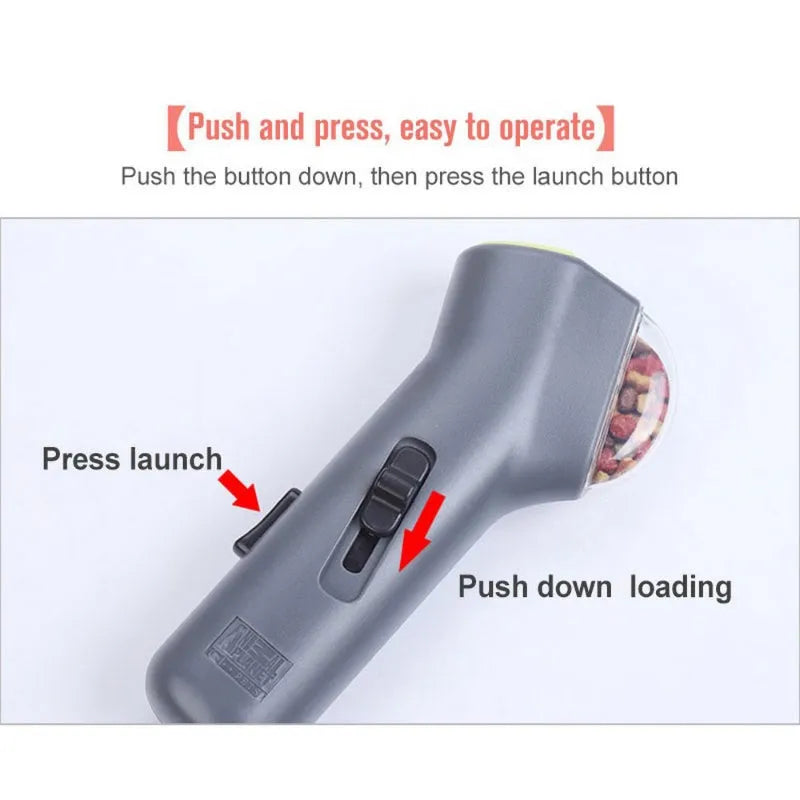 Grey pet snack catapult launcher for dog training measuring 18x7.5x3.5 cm