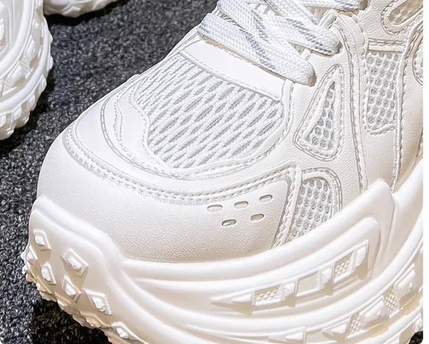 White women's height increasing dad shoes with lace-up closure and round toe design